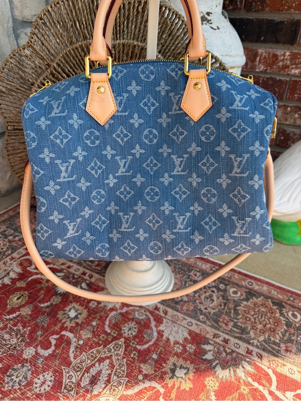 Monogram Denim Boutique Handbag with Strawberry Charm